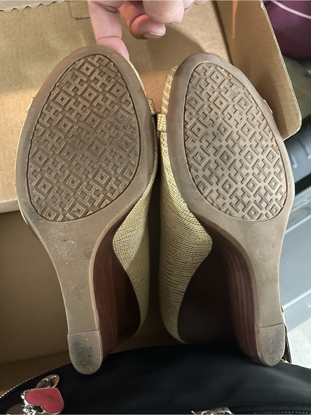 Tory Burch Neutral Textured Leather Wedge Pumps - Picture 5 of 5